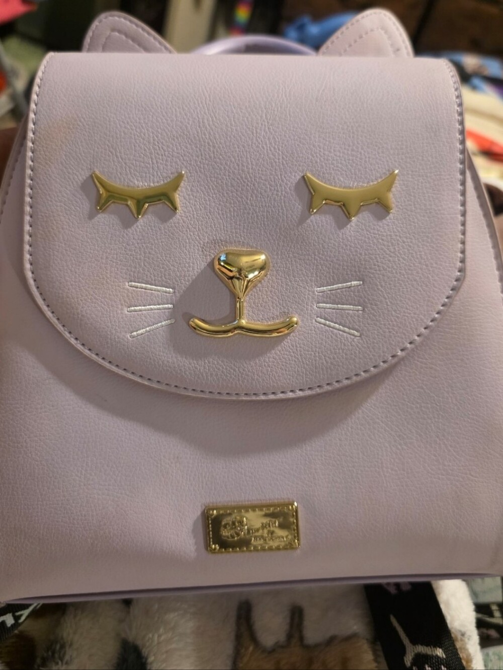Betsey Johnson Lilac Cat Face Backpack with Gold Accents